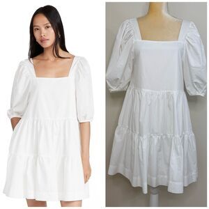 En Saison Poplin Puff Sleeves Square Neck Tiered Mini Dress Size XS White Lined